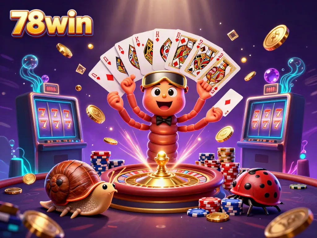 Experience the thrill of 78win with a playful dealer and high-roller in a vibrant casino scene.