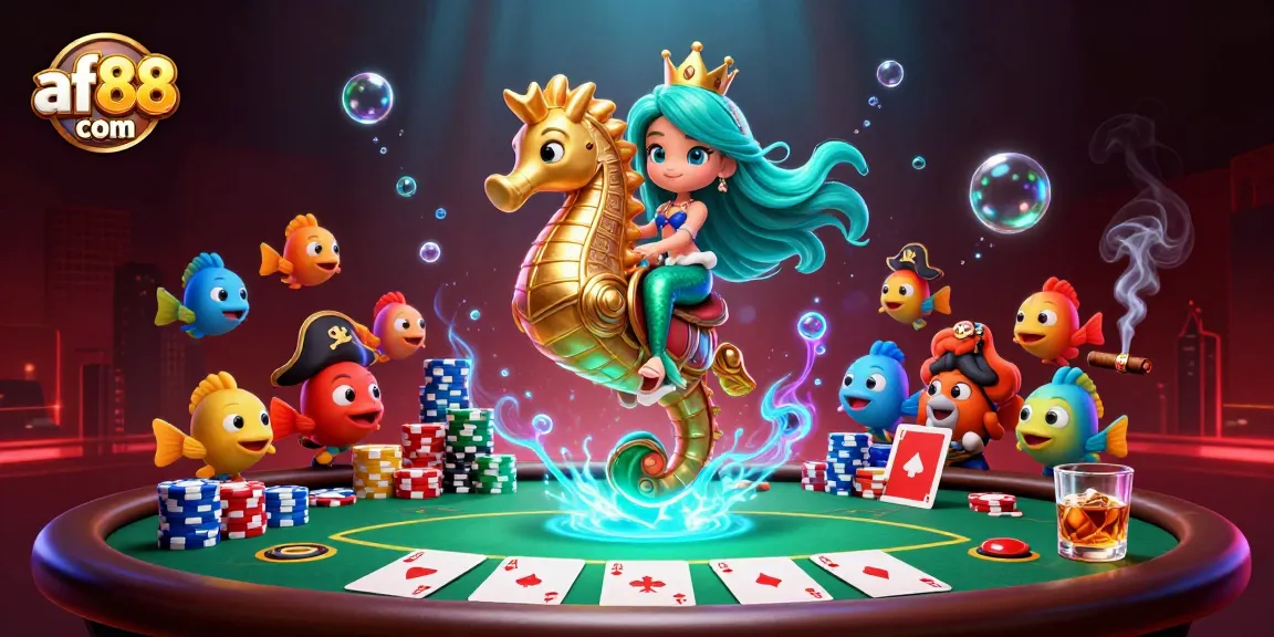 Engage in thrilling poker at af88 com with a mermaid princess and casino elements in a vibrant scene.