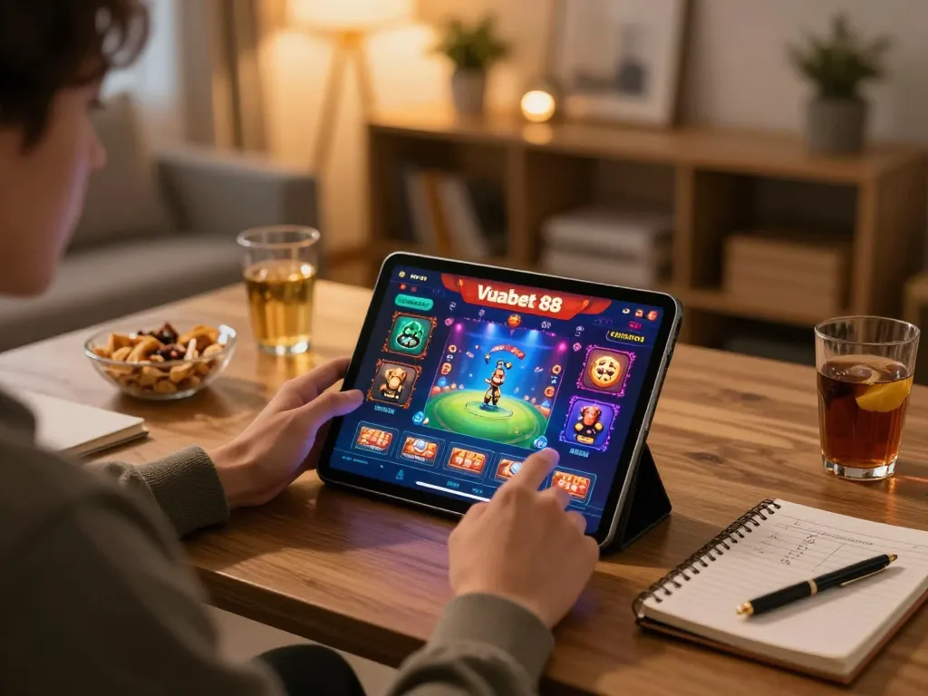 Experience thrilling gameplay with Vuabet 88 on a tablet in a cozy home setup.