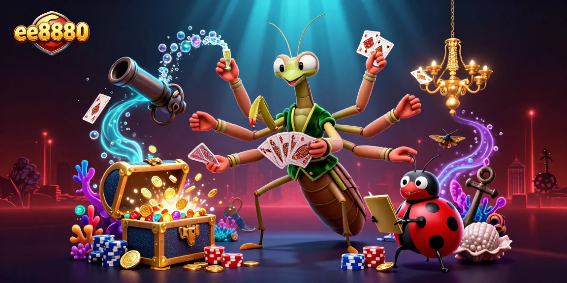 Witness the vibrant world of ee8880 Casino where a giant mantis dealer, a ladybug pit boss, and dynamic treasures create an enchanting gambling atmosphere.