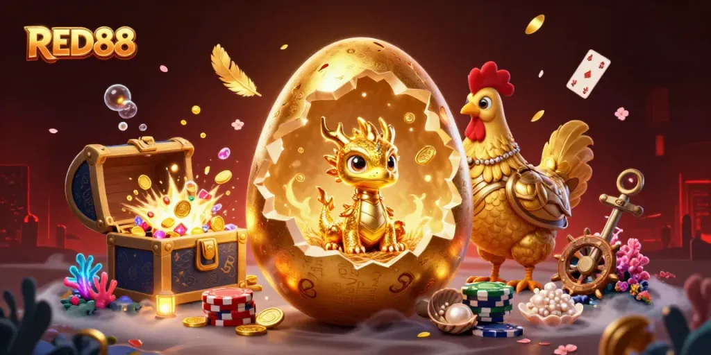 Redeem your chances at RED88 with a golden dragon unveiling treasure amid poker chips.