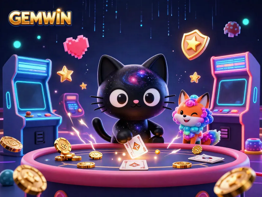 Experience the excitement of GEMWIN with animated characters at a cosmic casino table, attracting golden chips and cards.