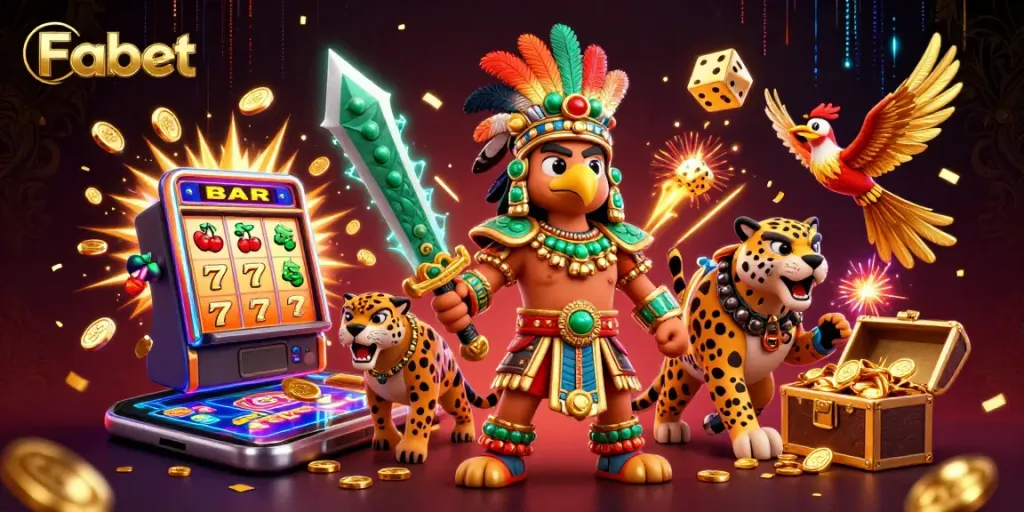 Fabet casino slot scene with Aztec eagle and jaguar warriors amid vibrant game elements and jackpot.