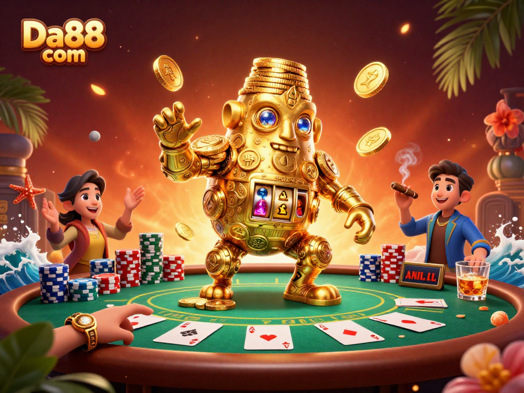 Win big at Da88 com with golden golem and poker excitement in a vibrant casino scene.