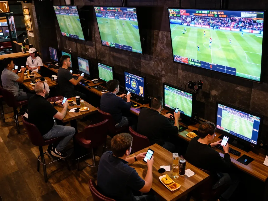 Engaged sports bettors using smartphones to place bets at 11 bet sports bar, enjoying an exciting atmosphere.