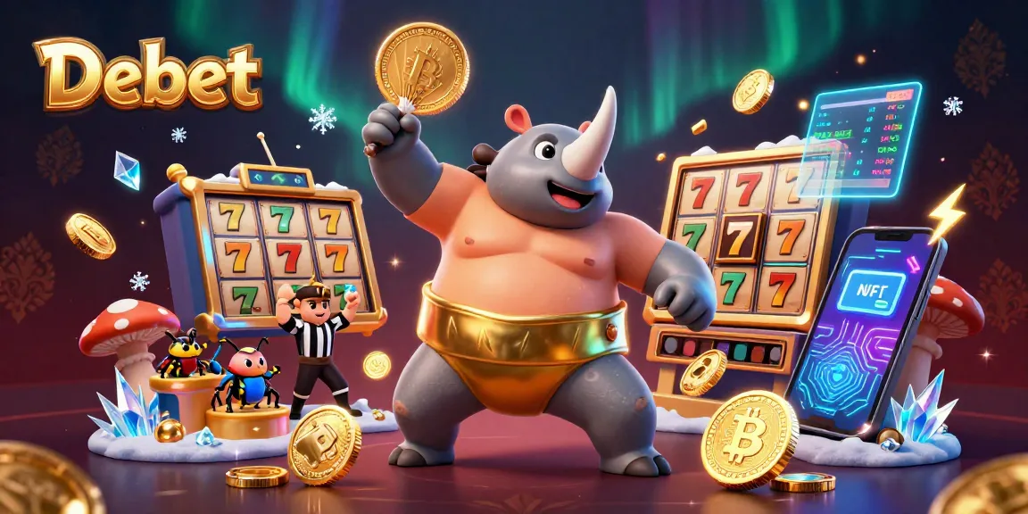 Debet, a cartoon rhinoceros beetle sumo champion is stomping to send coins flying in a vibrant casino setting.