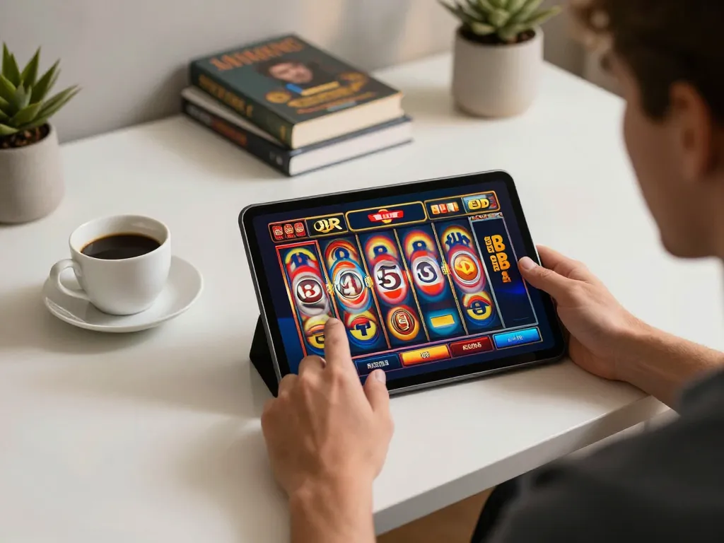 Pemain berinteraksi dengan mesin slot rokok 88 di tablet selama sesi permainan santai di rumah.