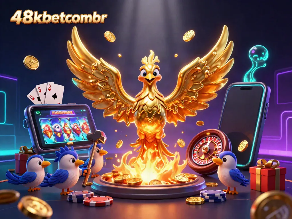 Experience thrilling gaming at 48xbetcombr with vibrant 3D illustration of golden phoenix and casino elements.