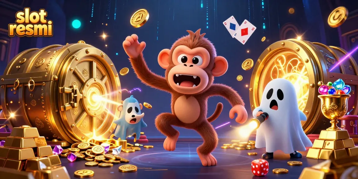 Engage in thrilling gameplay at slot resmi with a mischievous monkey and a curious puppy exploring a vibrant casino.