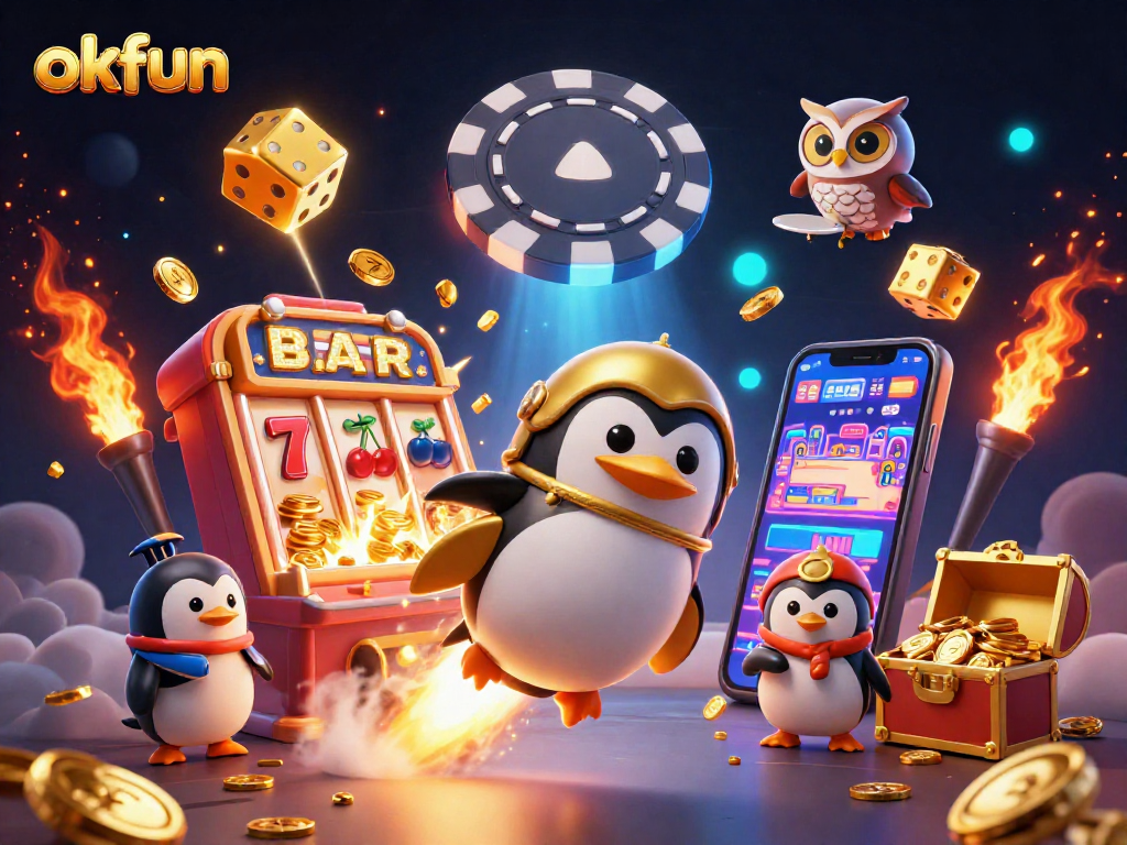 Experience thrilling wins at okfun with a 3D cartoon penguin soaring towards a flashy casino.