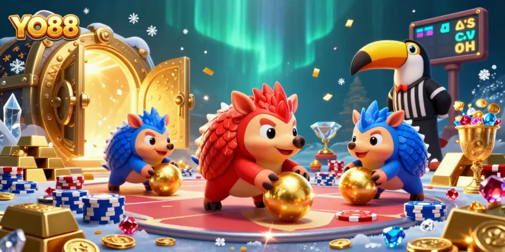 Experience exciting gameplay with YO88 as cartoon pangolins roll through golden poker chips and treasures.