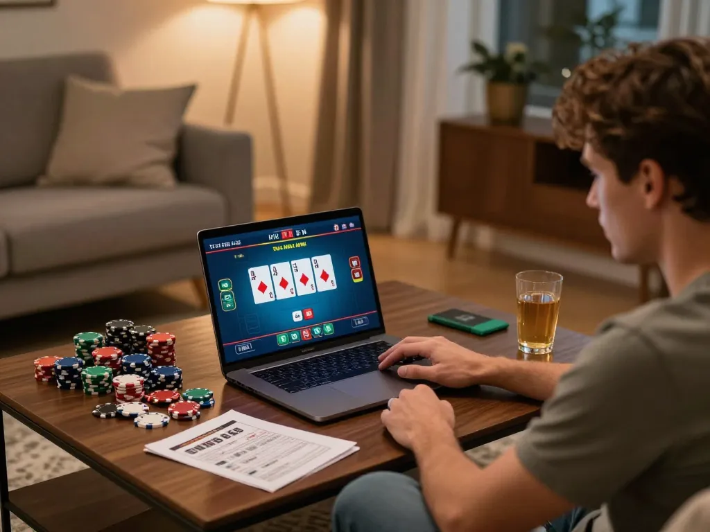 Engaging online poker gameplay on uu 88 laptop with vibrant cards and chips displayed.