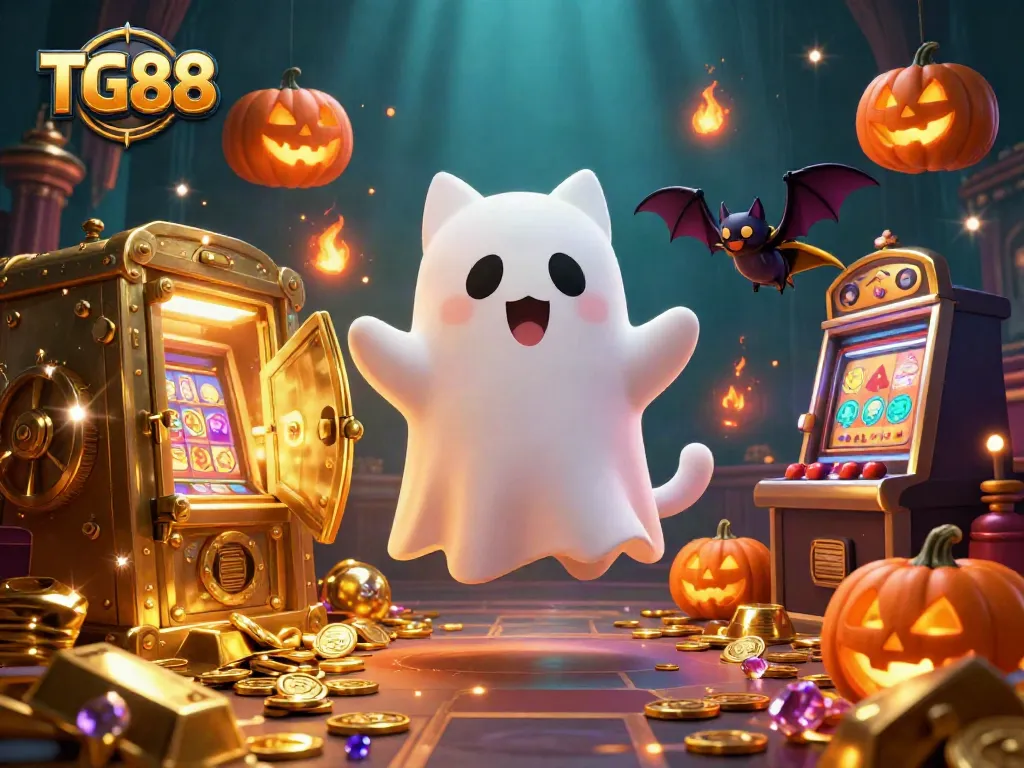 Experience the vibrant gambling world of TG88 with a ghost cat and vampire bat in a dynamic casino scene.