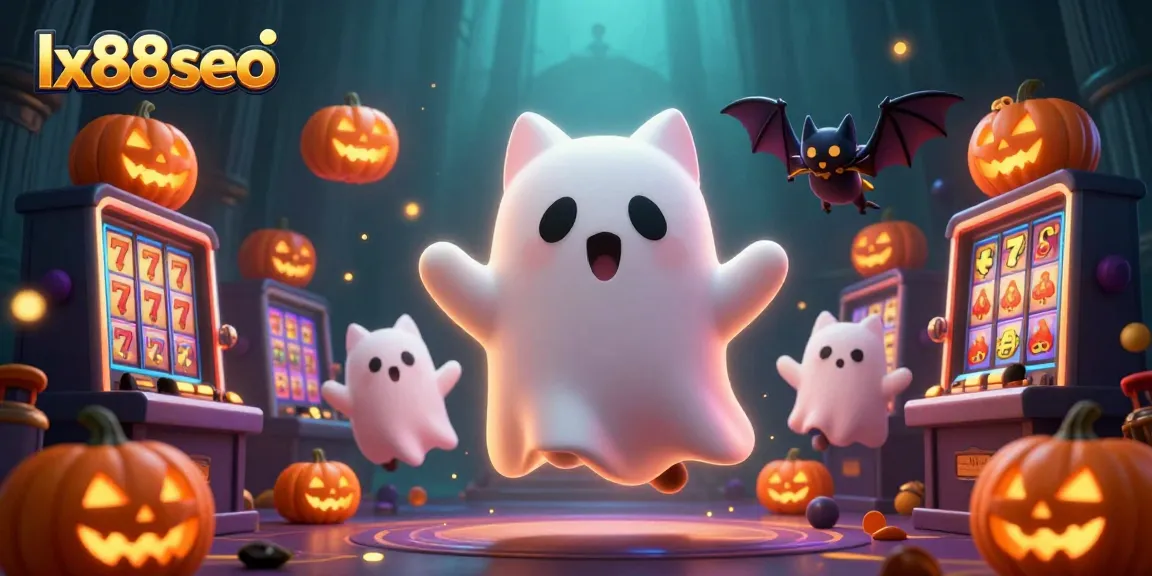 Experience thrilling gaming excitement at lx88seo with a playful ghost cat and bat in a haunted casino atmosphere.