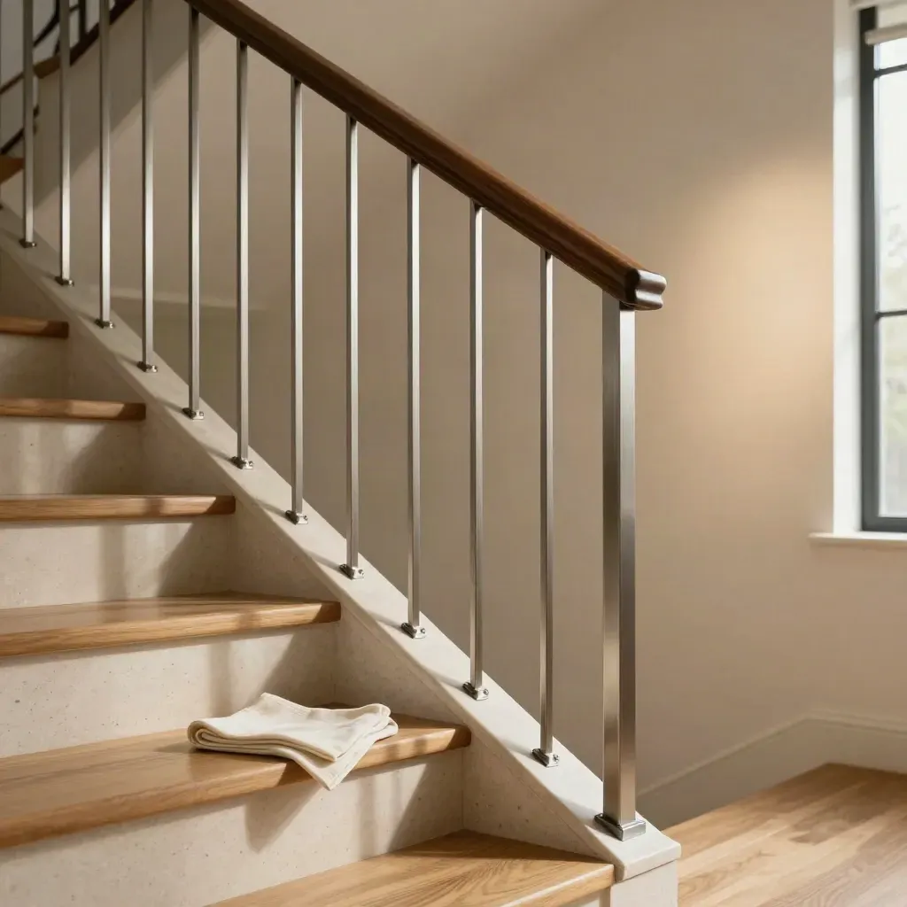 Brushed-steel railing with dark wood cap rail on a travertine stair landing