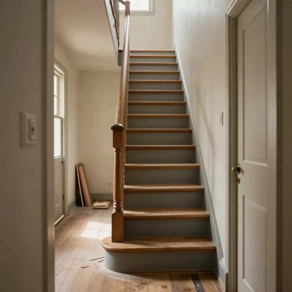 New oak staircase in a narrow hallway with warm afternoon light