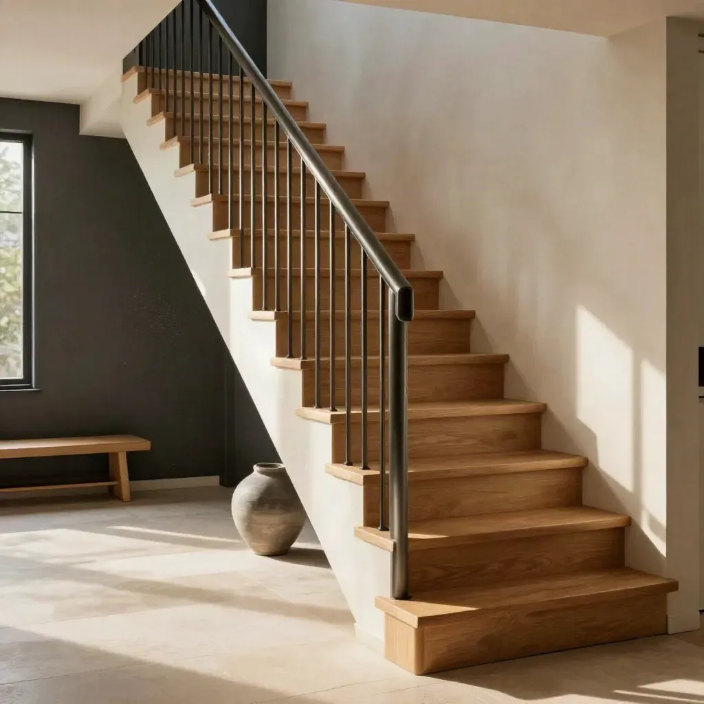 Open-riser oak staircase with steel handrail in a warm modern foyer