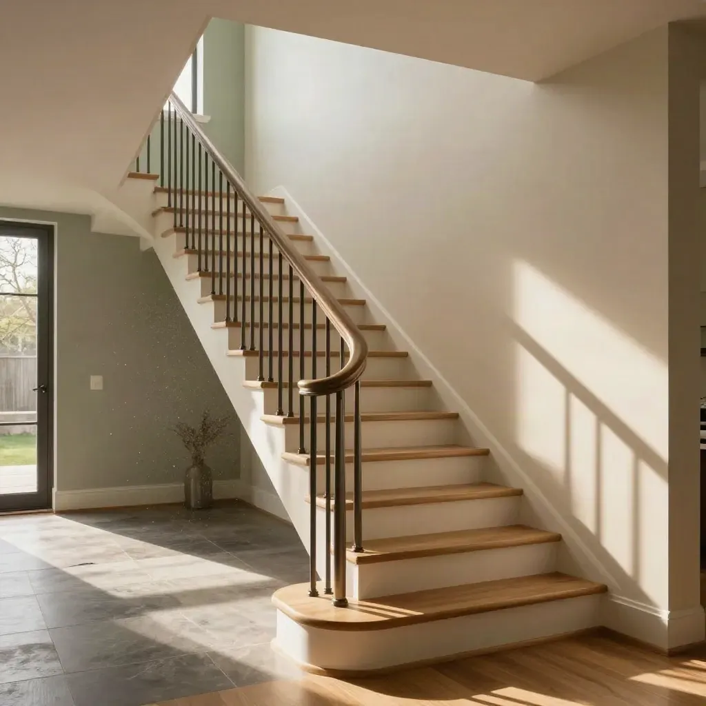Moody front hall with a white-oak staircase, brushed steel balusters, and sunlit dust motes.