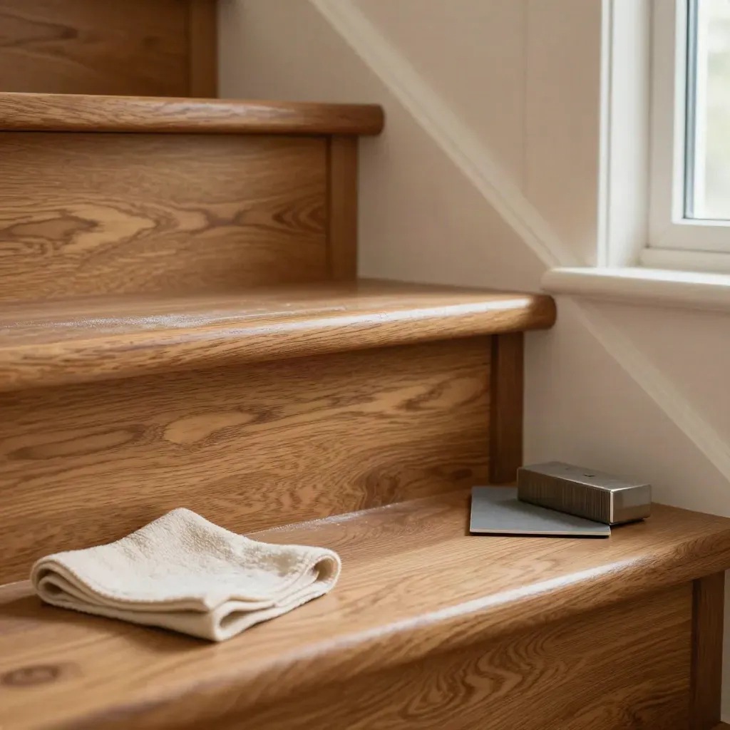 Refinished oak stairs glowing in window light with a cream drop cloth and sanding dust
