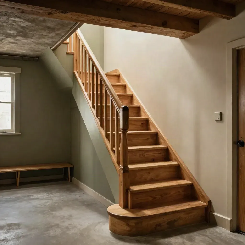 Compact painted-pine basement stairs with oak nosings descending into a tidy utility space.