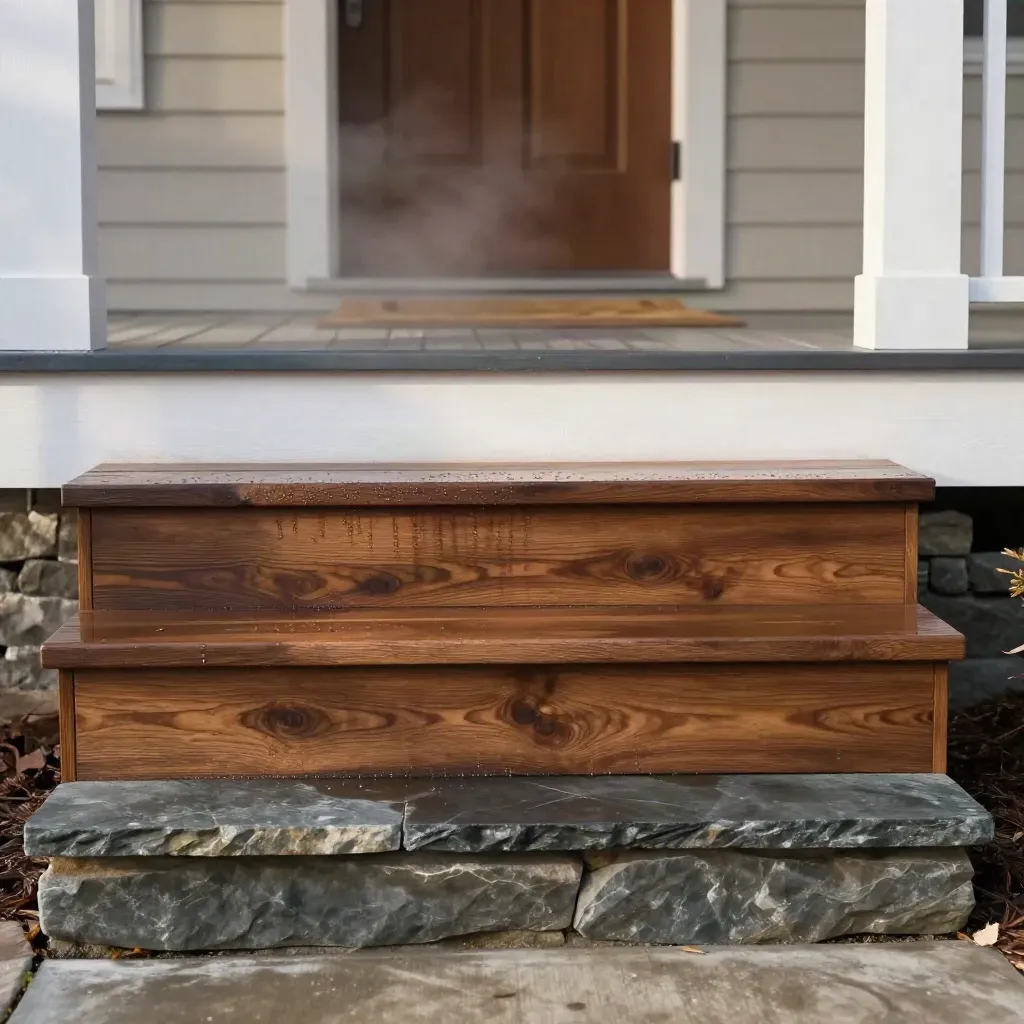 Weatherproof wood and stone front steps with meltwater beads, seen low from street level