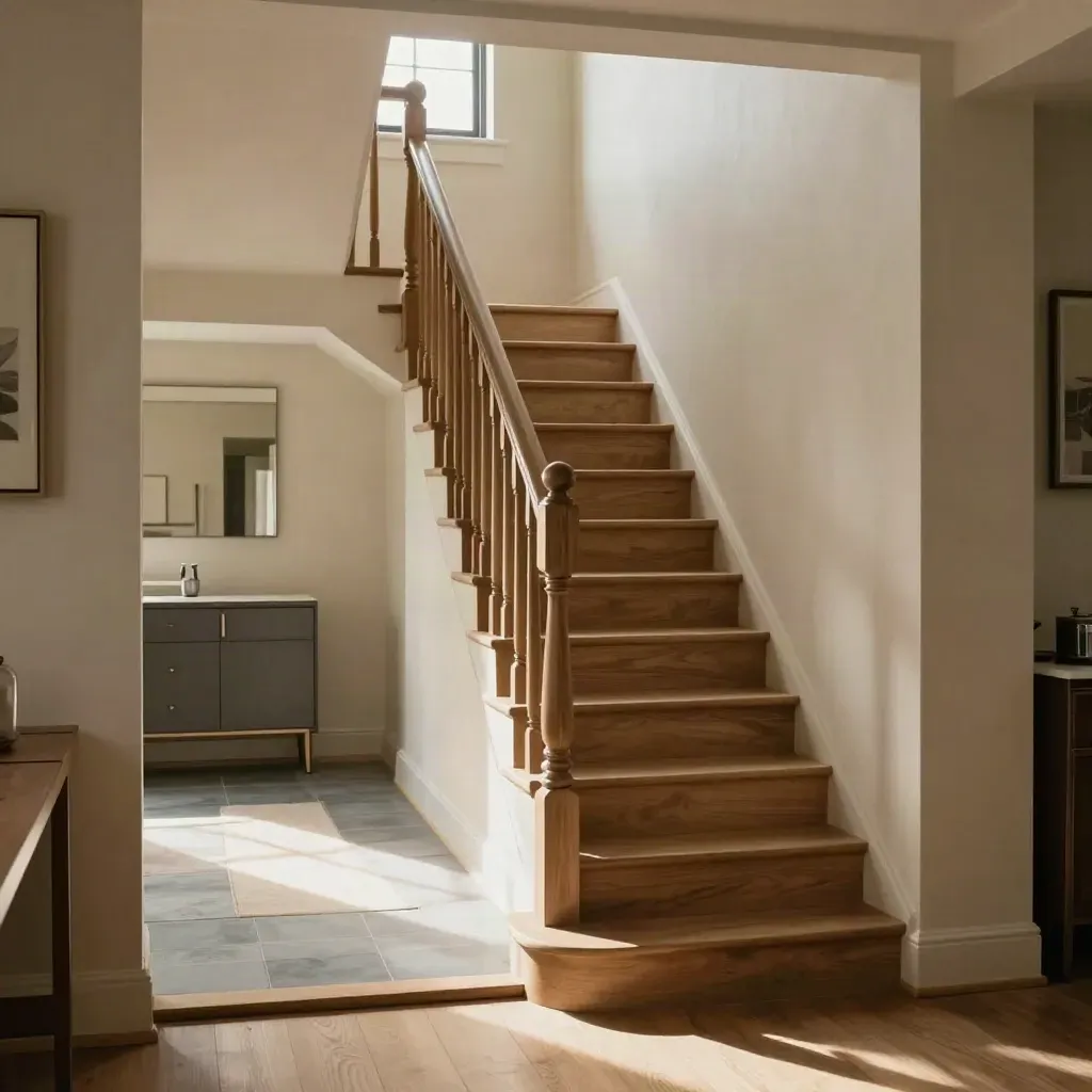 Rebuilt oak front hall staircase with new rail and brighter walls, empty and welcoming.