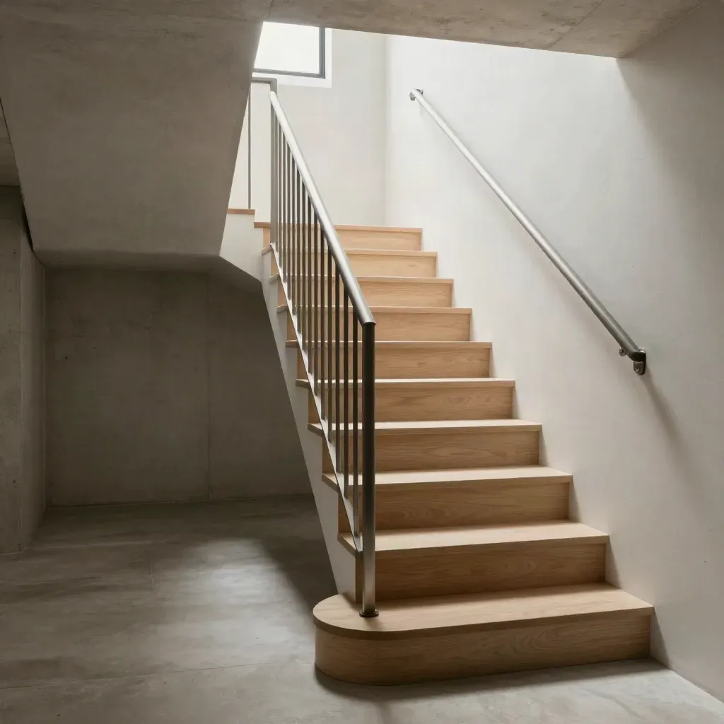 Compact basement stair run with pale oak treads, white walls, and a brushed steel rail from below.