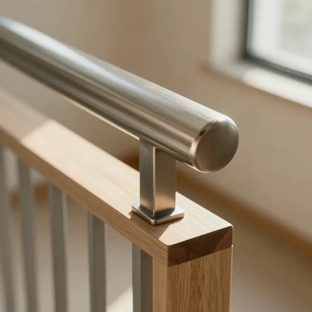 Extreme macro of a brushed steel hall railing with oak landing and blurred wide hallway.
