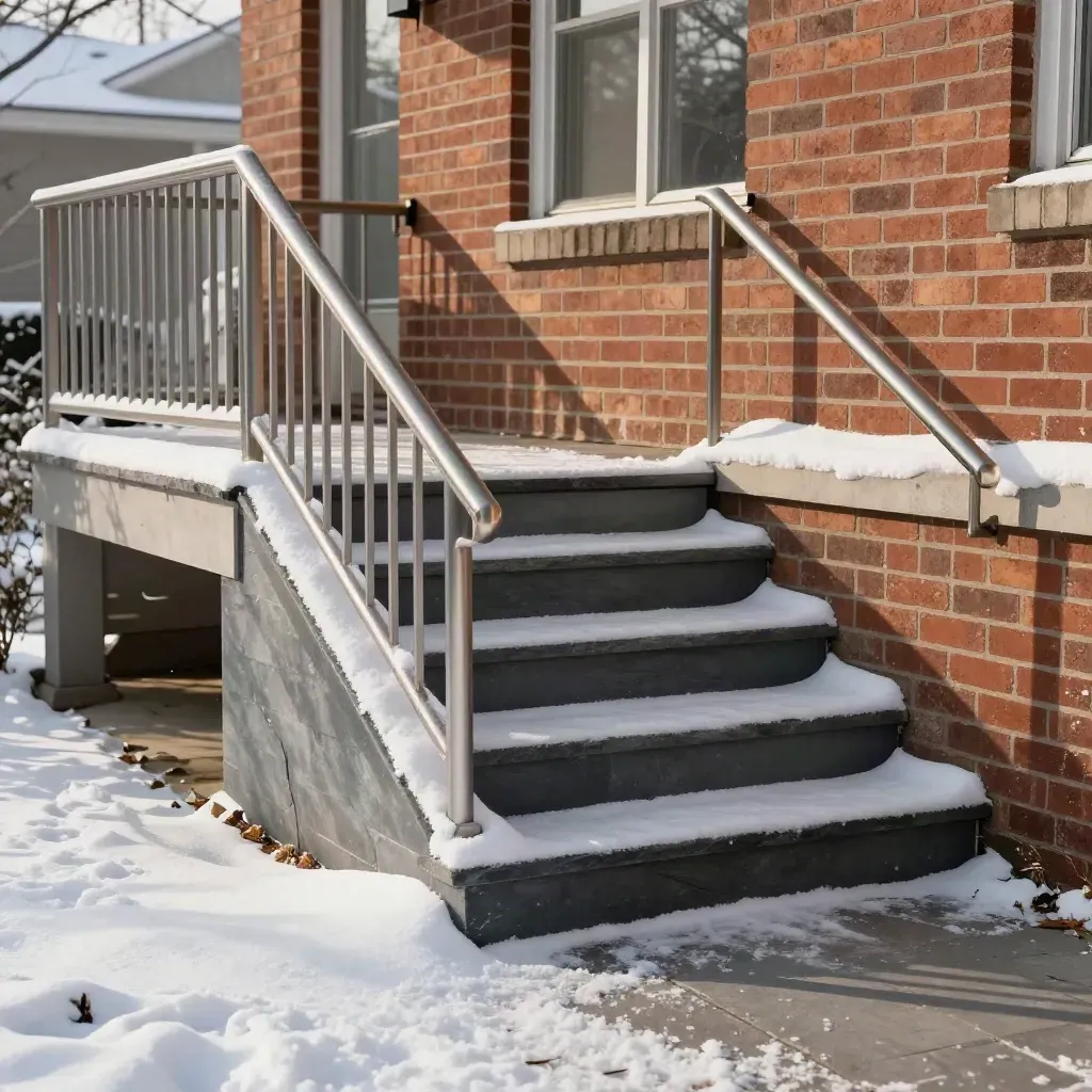 Snow-dusted winter front steps with dark edging against a brick house facade.