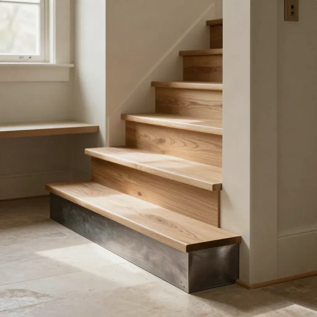 Warm oak stair treads and trim stacked in a spotless mudroom threshold, lit by window light.