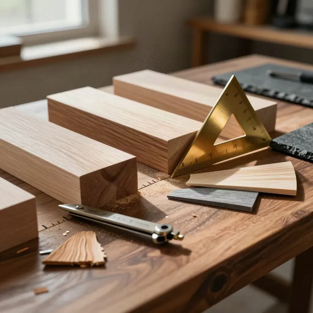 Macro of stair design tools, finish chips, and brass dividers on a walnut workbench.