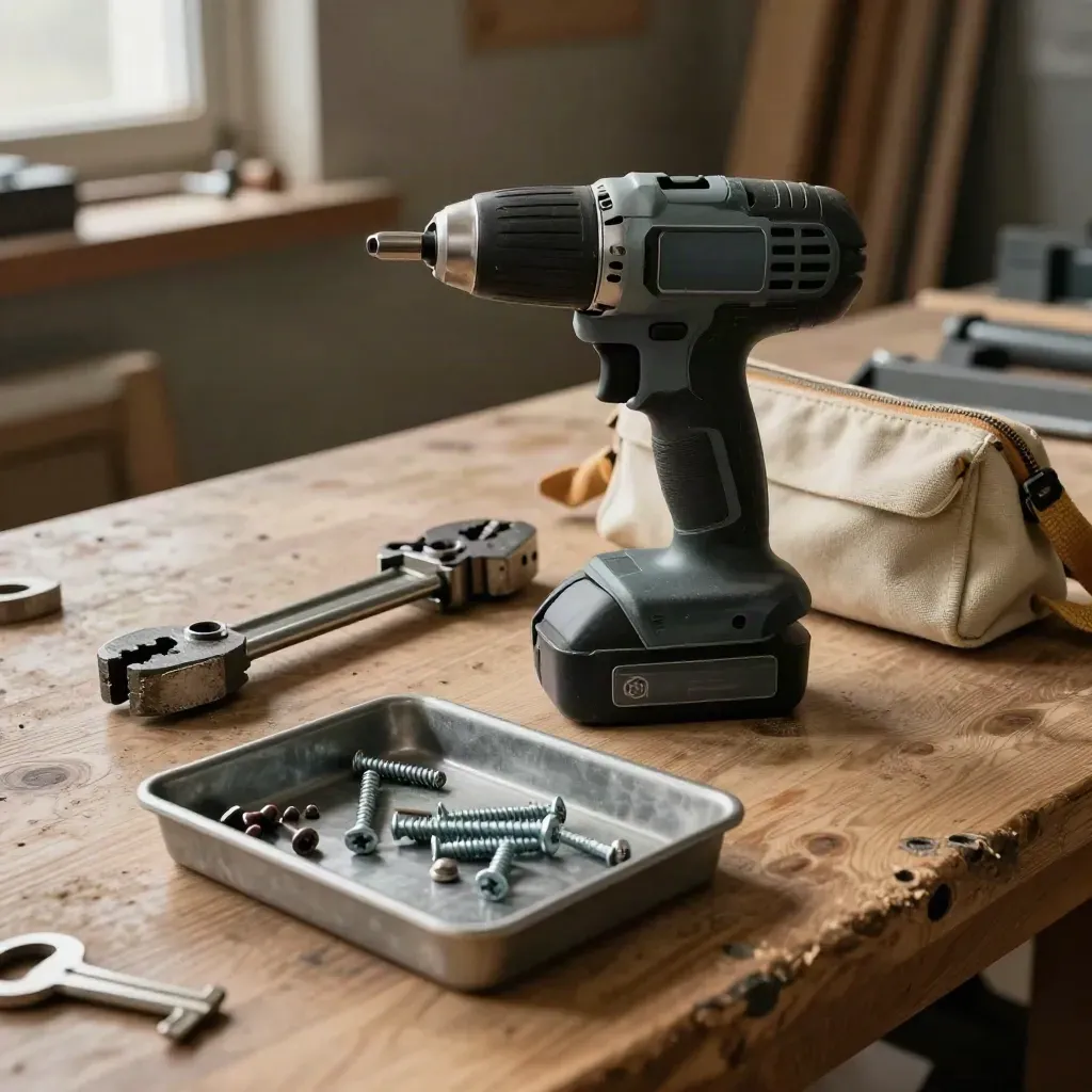 Cordless driver, clamp, pouch and screws on an oak workbench in dramatic side light.