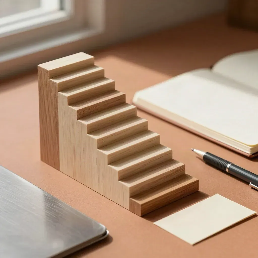 Overhead stair mockup kit with color chips, notebook and pen on terracotta surface.