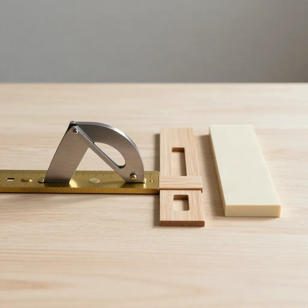 Brass stair gauge and oak tread templates on pale wood with a steel angle finder