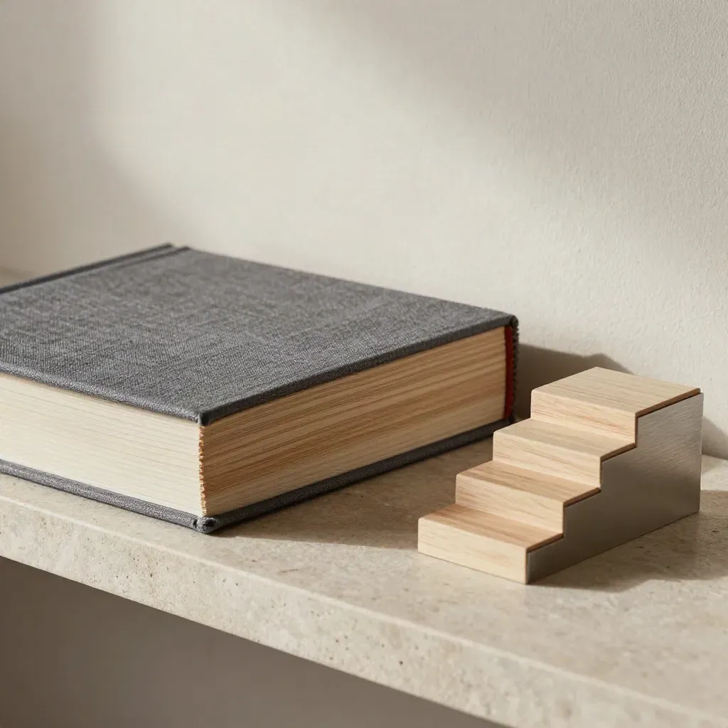Oak finish samples, a sample book, and a miniature stair mockup on a stone shelf