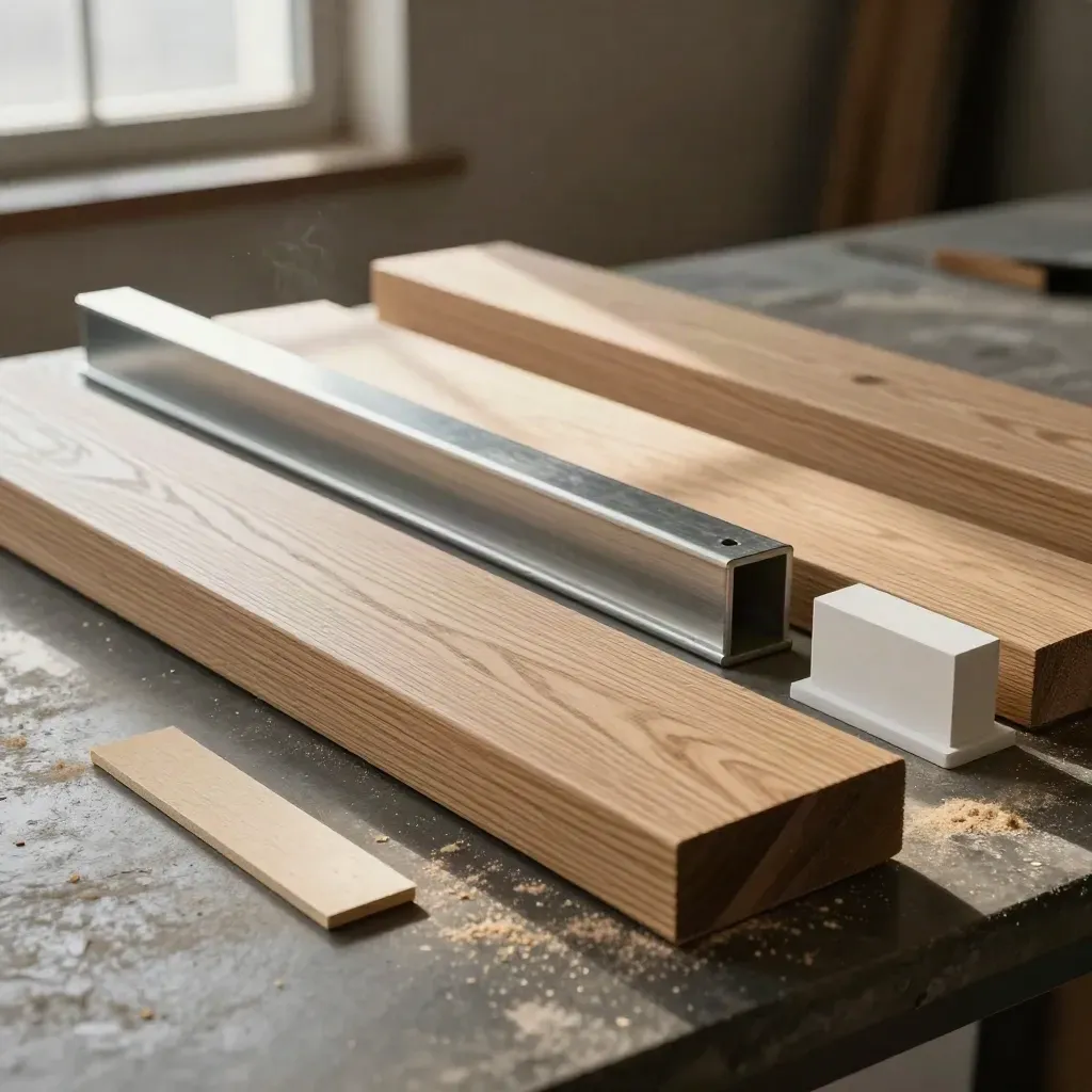 Oak treads, rail section, and stringer offcut lined up for installation on a concrete bench.