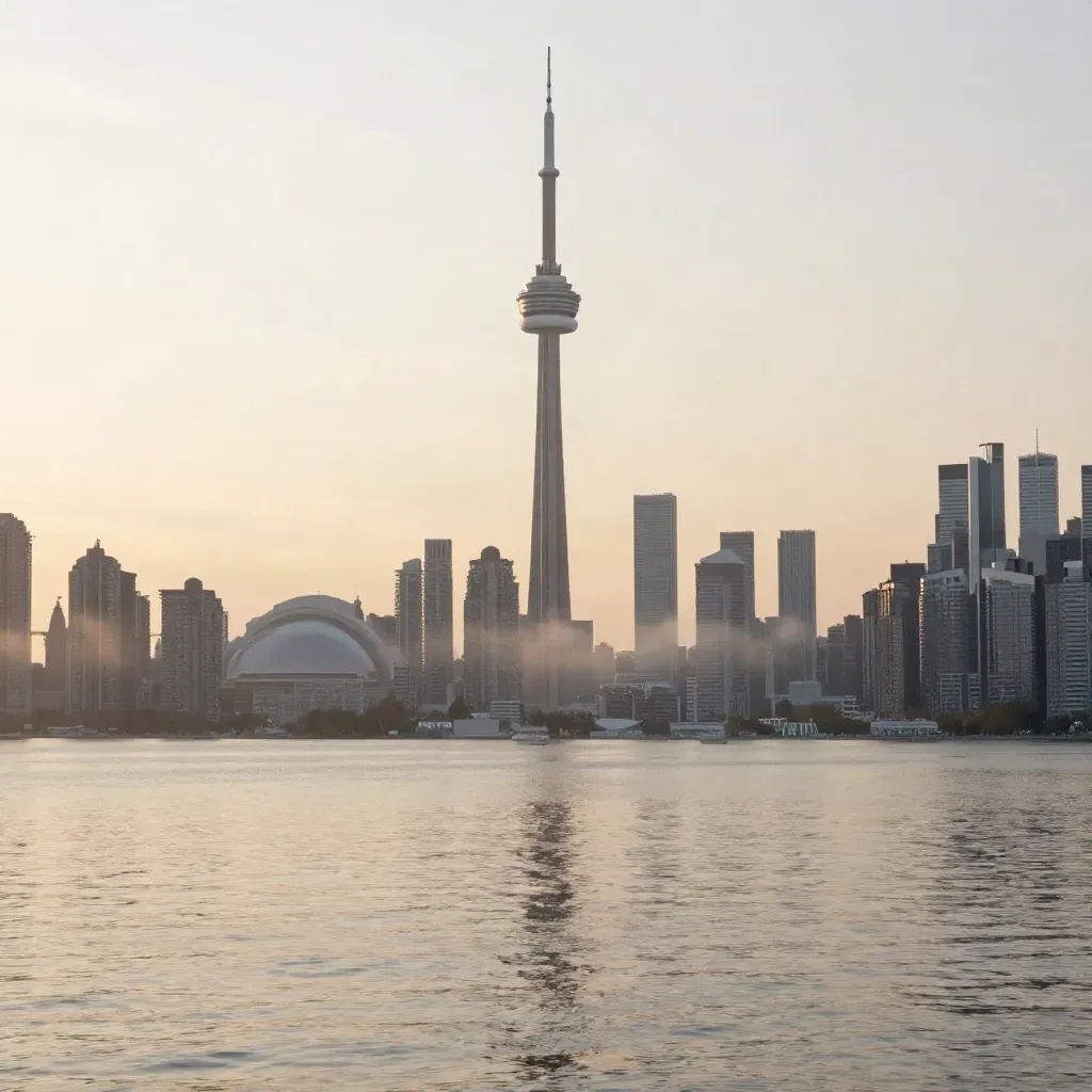 Toronto skyline and CN Tower over Lake Ontario at sunrise, mist and calm water below.
