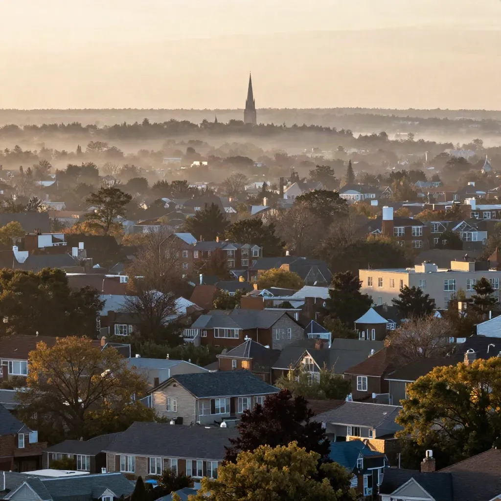 York Region treetops, low roofs and a distant church spire in misty dawn light