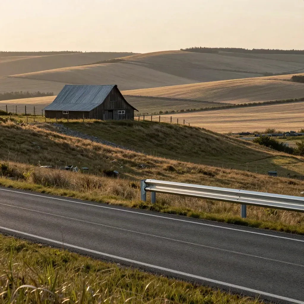 Golden Peel Region fields, barn roofline and glowing escarpment at sunset.