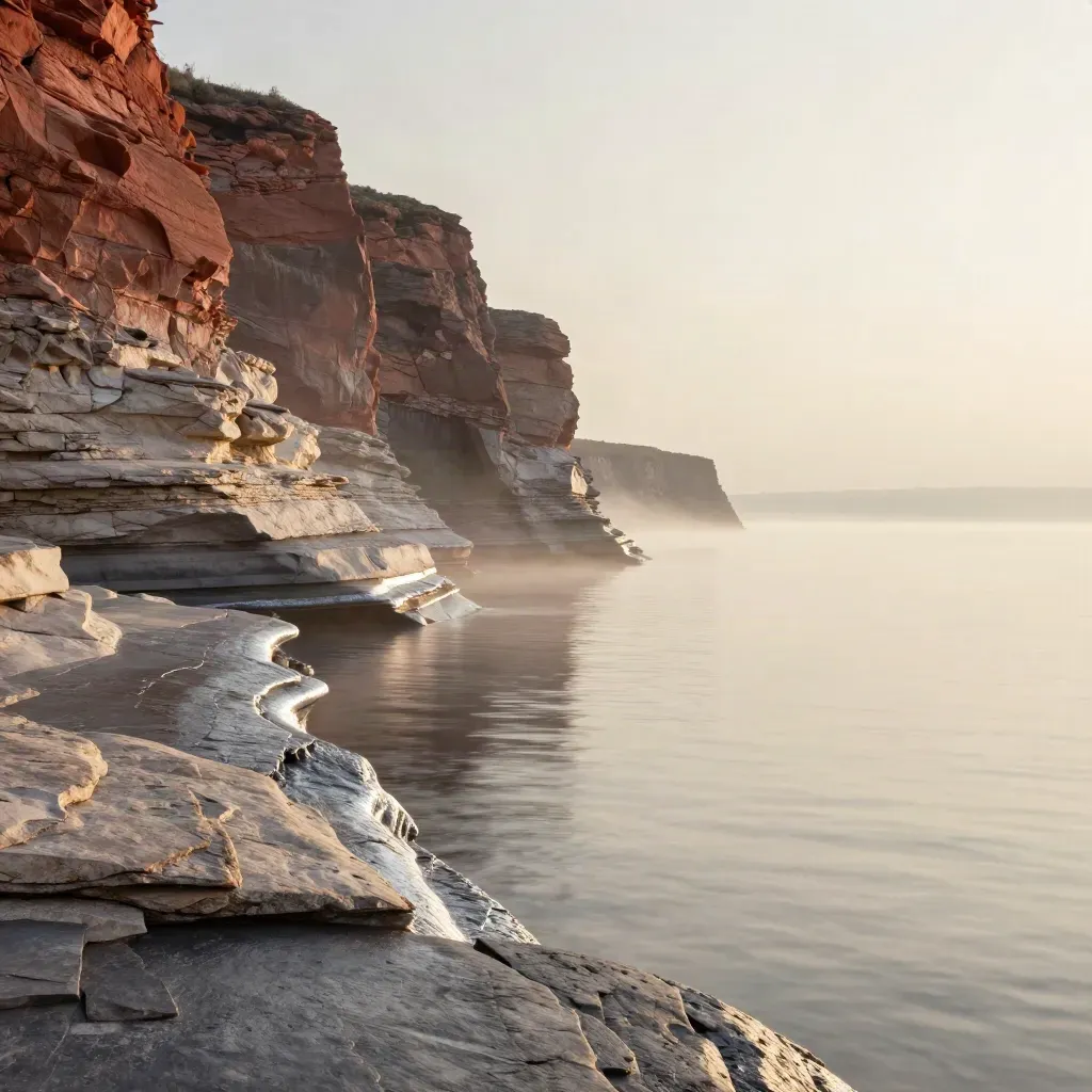 Hazy Durham lakeshore with layered pale rock, silver water, and a low sun
