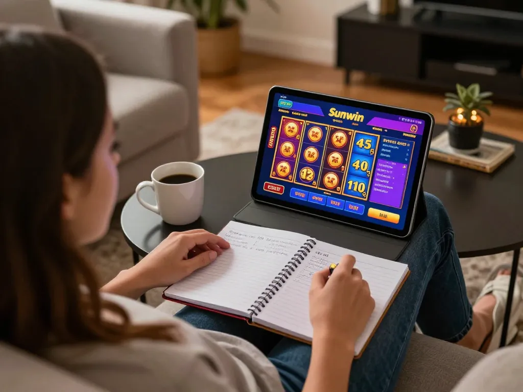 Engaging in online gaming with Sunwin, highlighting a cozy home setup and vibrant slots interface