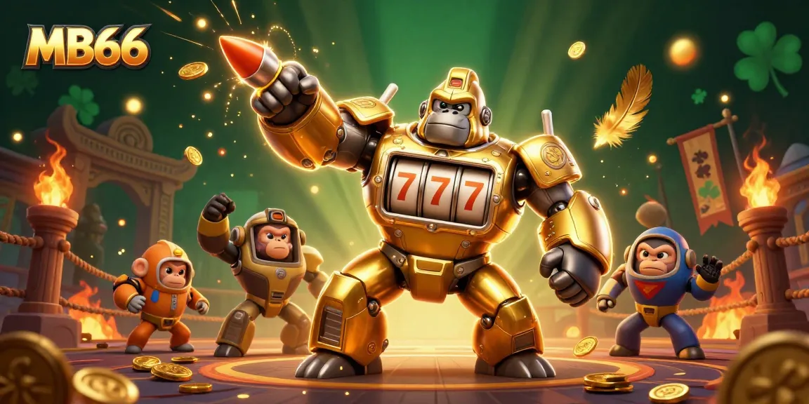 Engage in thrilling gameplay at MB66 with a dynamic scene of a golden gorilla mech and vibrant casino elements.