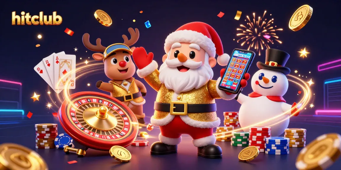 Hitclub featuring an engaging 3D casino scene with Santa, a reindeer dealer, and a poker chip snowman.