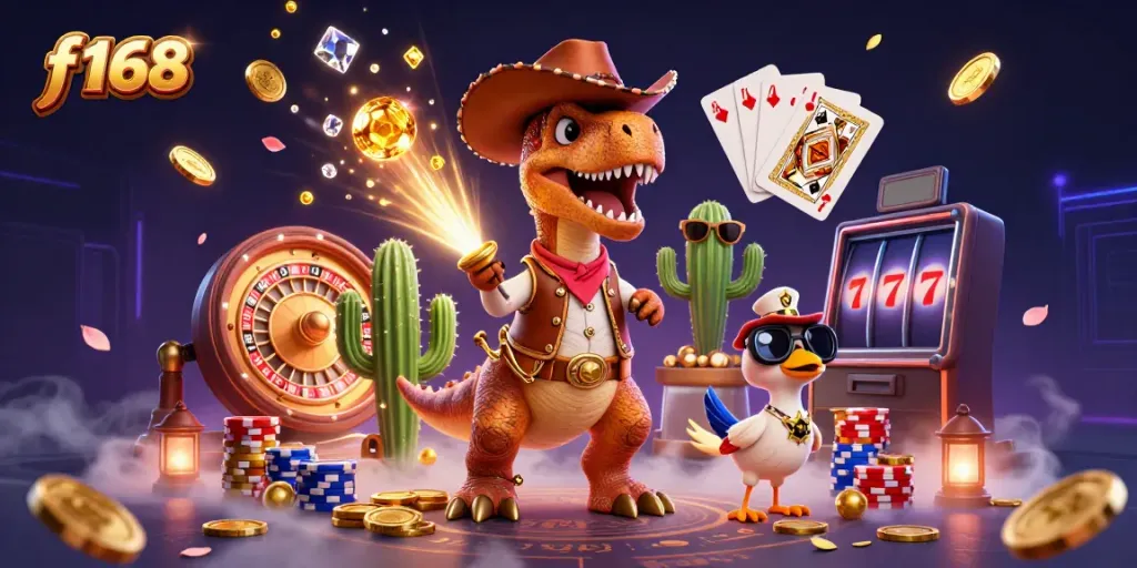 Experience thrilling gaming action at f168 with lively cartoon characters and dynamic casino elements.