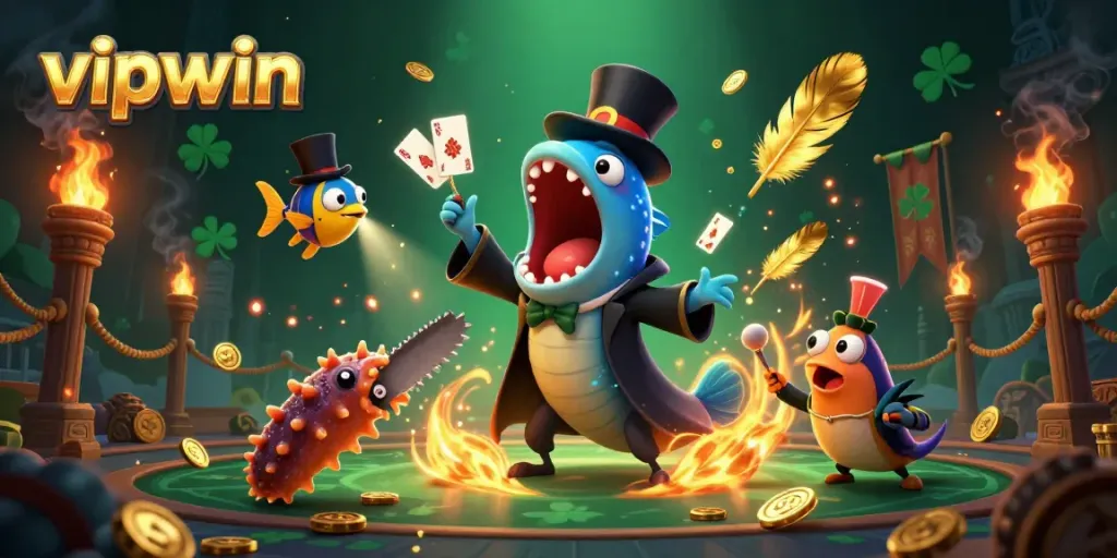Engaging 3D scene with vipwin elements featuring a gulper eel magician and an anglerfish as spectators in a vibrant casino setting.