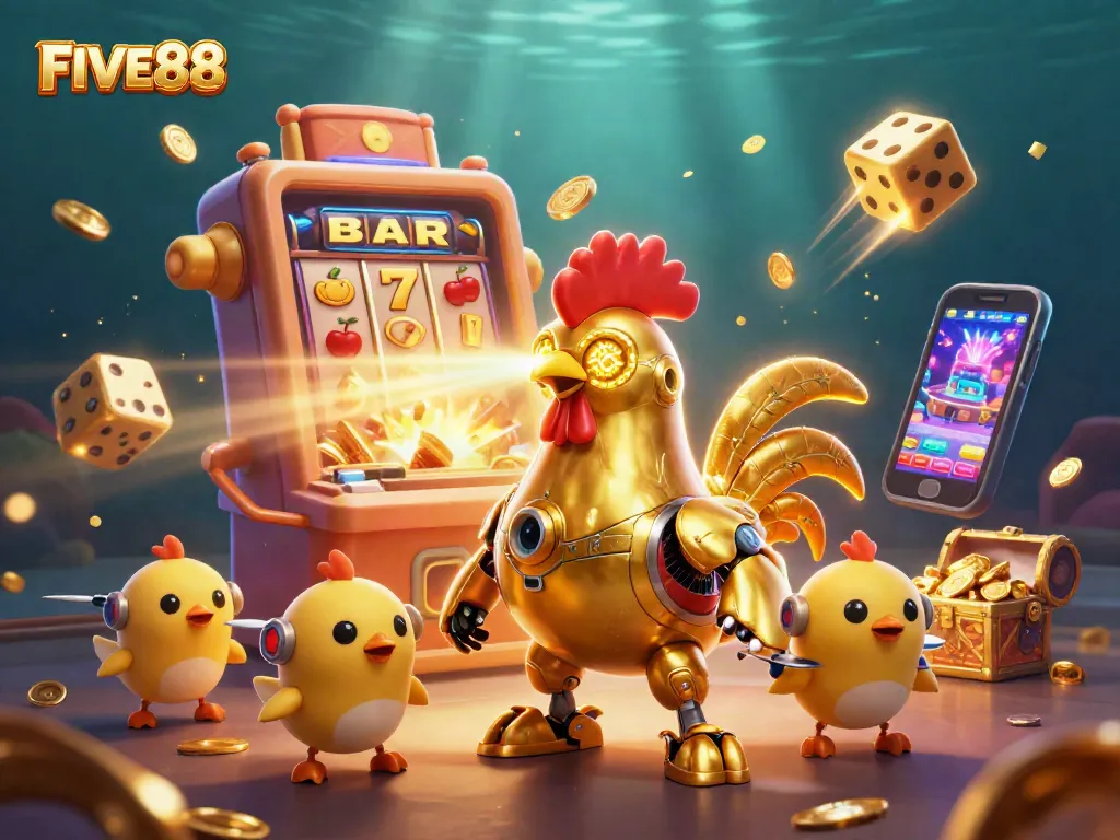 Engage in exciting gameplay with FIVE88, featuring a golden rooster robot and dynamic casino elements.