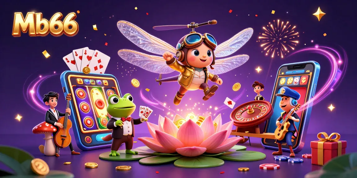 Engage with Mb66's vibrant casino scene featuring a dragonfly pilot, frog croupier, and dynamic gaming elements.