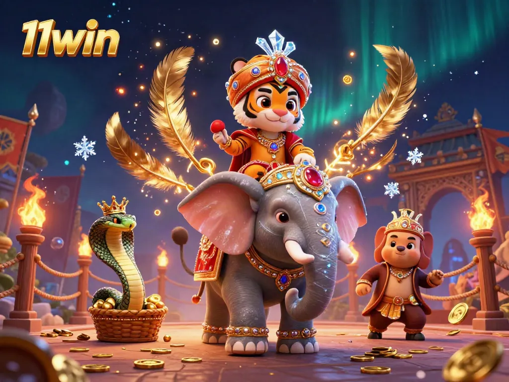 Experience 11win with a vibrant and dynamic casino scene featuring a majestic maharaja riding an elephant amidst rich gambling elements.