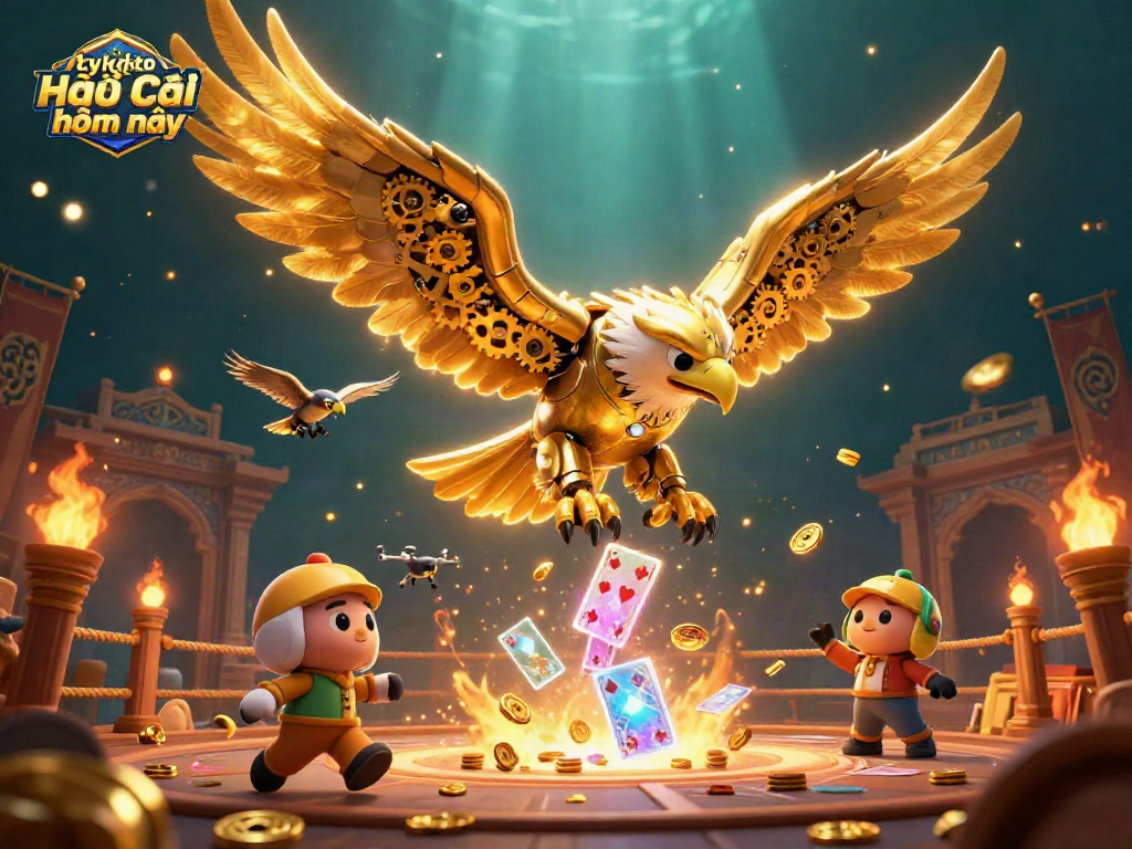 Engage with tỷ lệ kèo nhà cái hôm nay through a vibrant scene featuring a cybernetic eagle and dynamic betting elements.