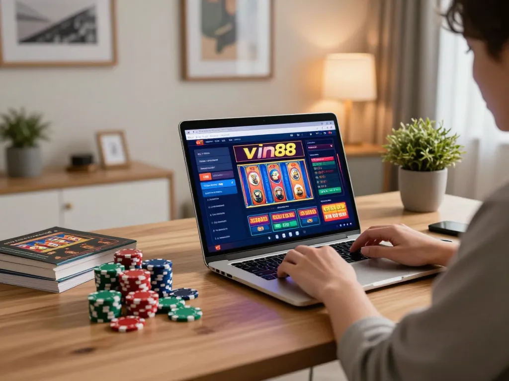 Player engaging in vin88 online casino gaming from a modern home office with chips and strategy books.
